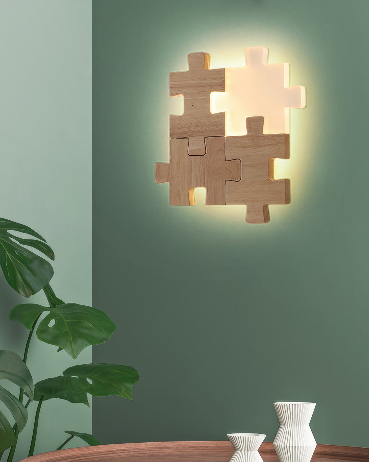 PuzzleGlow – Modern LED Wall Lamp with Wooden Playful Design