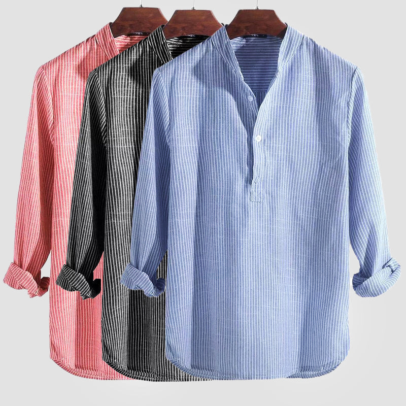 Classic Cotton-Linen Blend Men's Henley Shirt with Striped Pattern-2