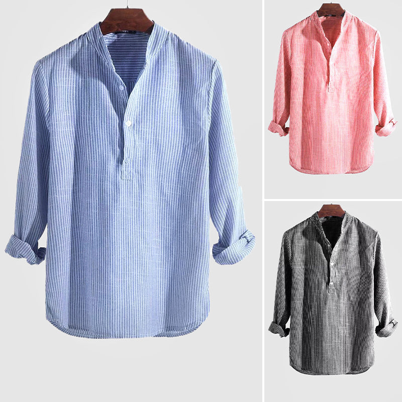 Classic Cotton-Linen Blend Men's Henley Shirt with Striped Pattern-3