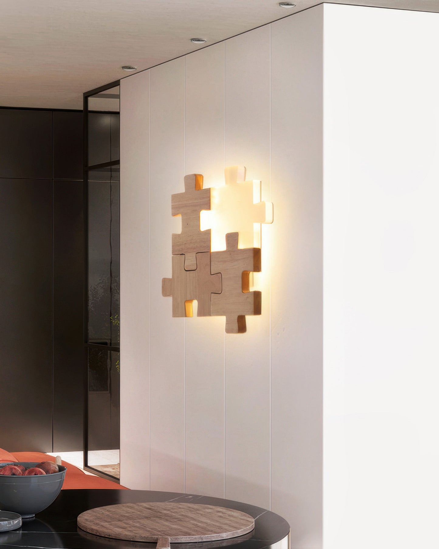 PuzzleGlow – Modern LED Wall Lamp with Wooden Playful Design