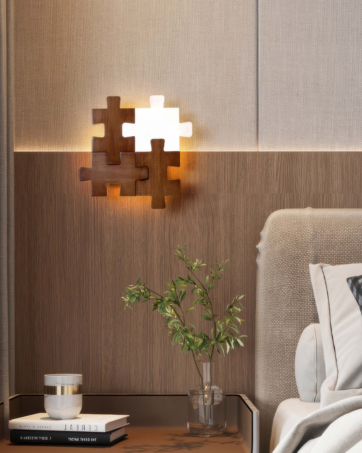 PuzzleGlow – Modern LED Wall Lamp with Wooden Playful Design