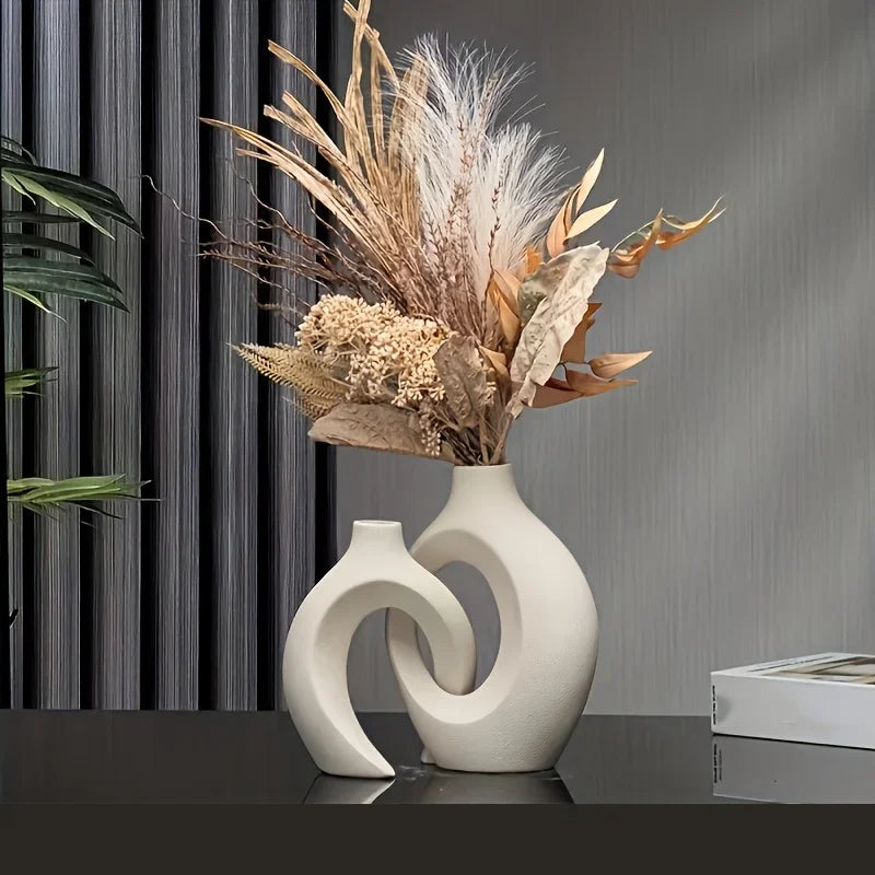 White Ceramic Vase Set - Modern Boho Ceramic Flower Vases for Home Decor-3