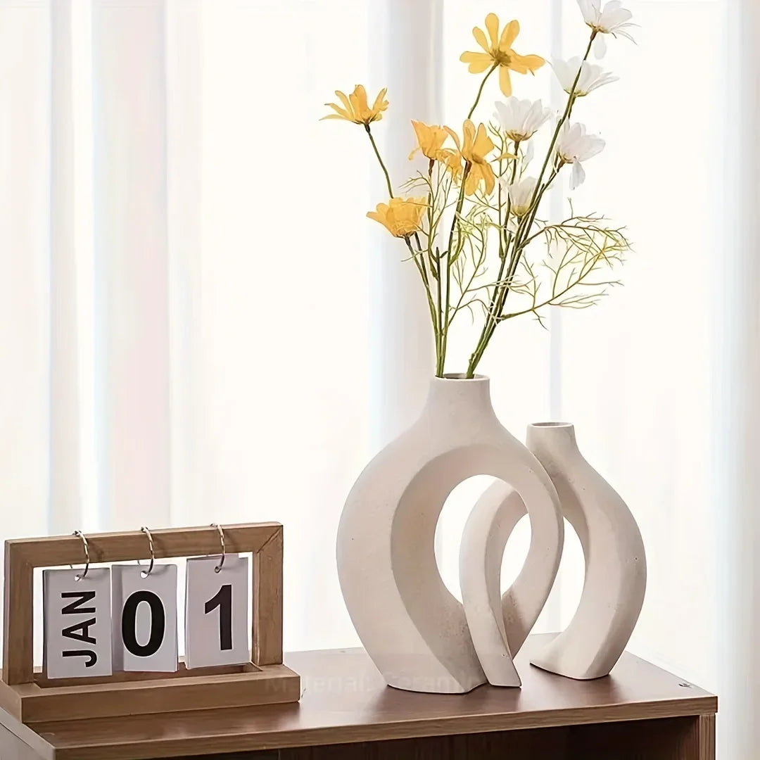 White Ceramic Vase Set - Modern Boho Ceramic Flower Vases for Home Decor-5