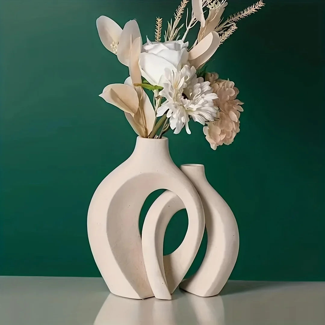 White Ceramic Vase Set - Modern Boho Ceramic Flower Vases for Home Decor-4