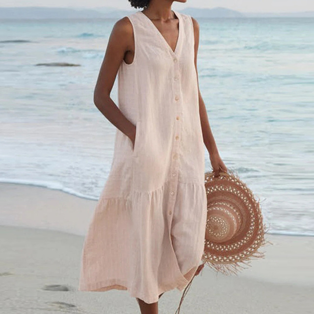 Luna – Casual Sleeveless V-Neck Women's Midi Dress