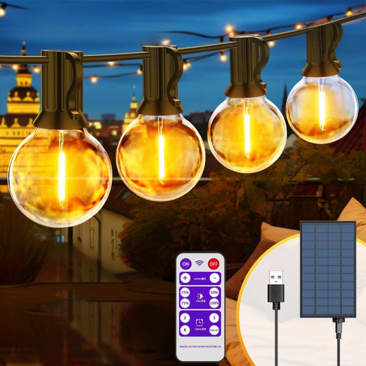 Solar G40 Outdoor String Lights - USB Rechargeable, Shatterproof, Weatherproof, 8 Modes