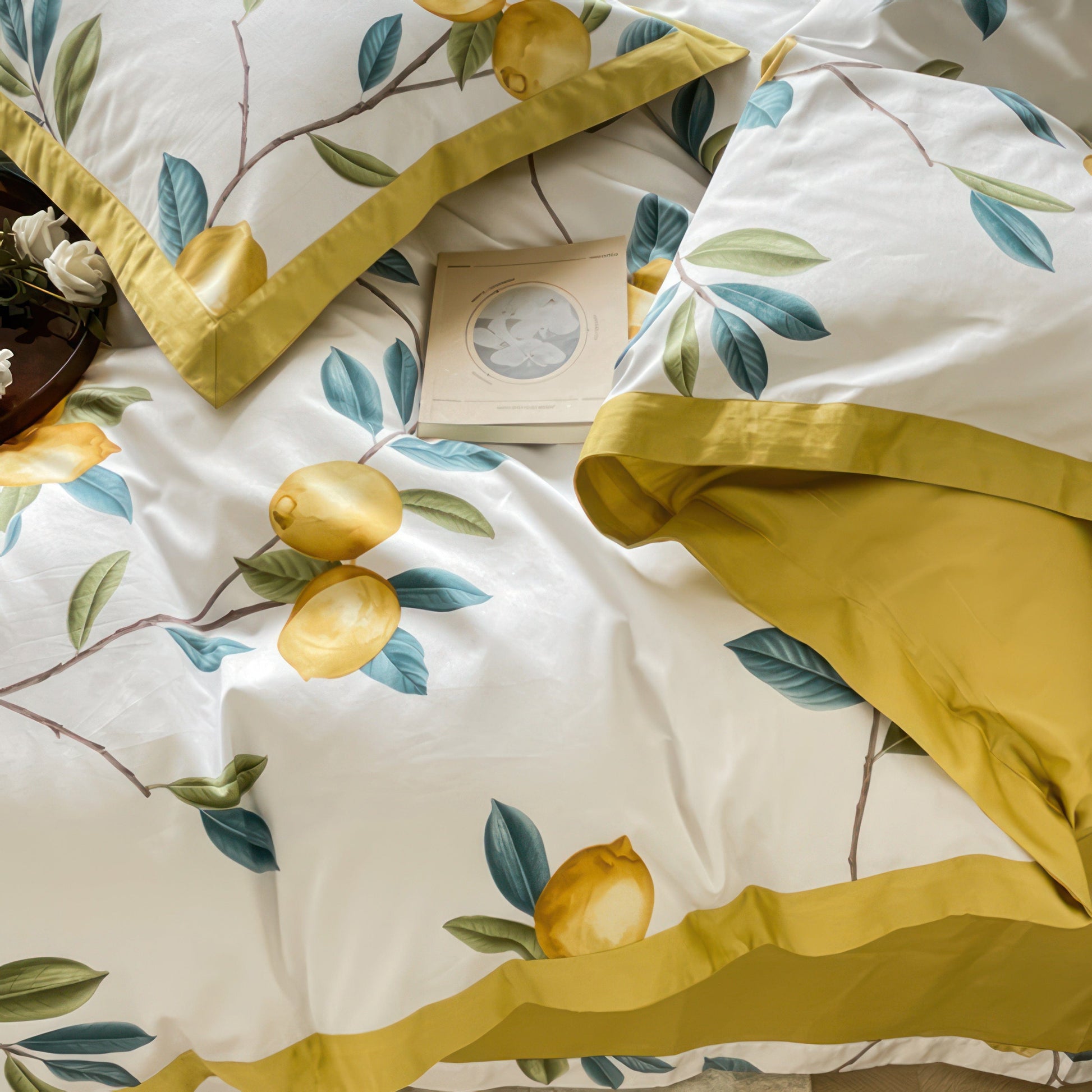 Lemon Fruit - White Duvet Cover Set in Luxurious Egyptian Cotton with Citrus Design-3