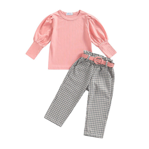 BLOSSOM - Baby Girls Stylish & Comfy Pink Top & Plaid Pants Set