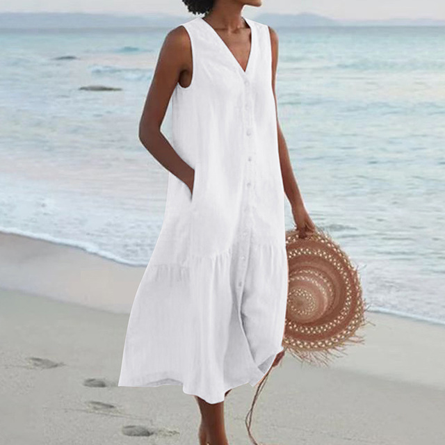 Luna – Casual Sleeveless V-Neck Women's Midi Dress