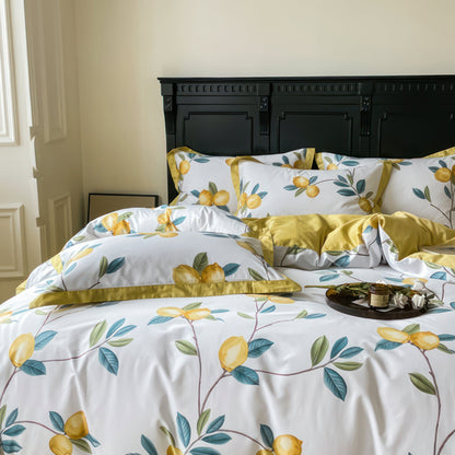 Lemon Fruit - White Duvet Cover Set in Luxurious Egyptian Cotton with Citrus Design-4