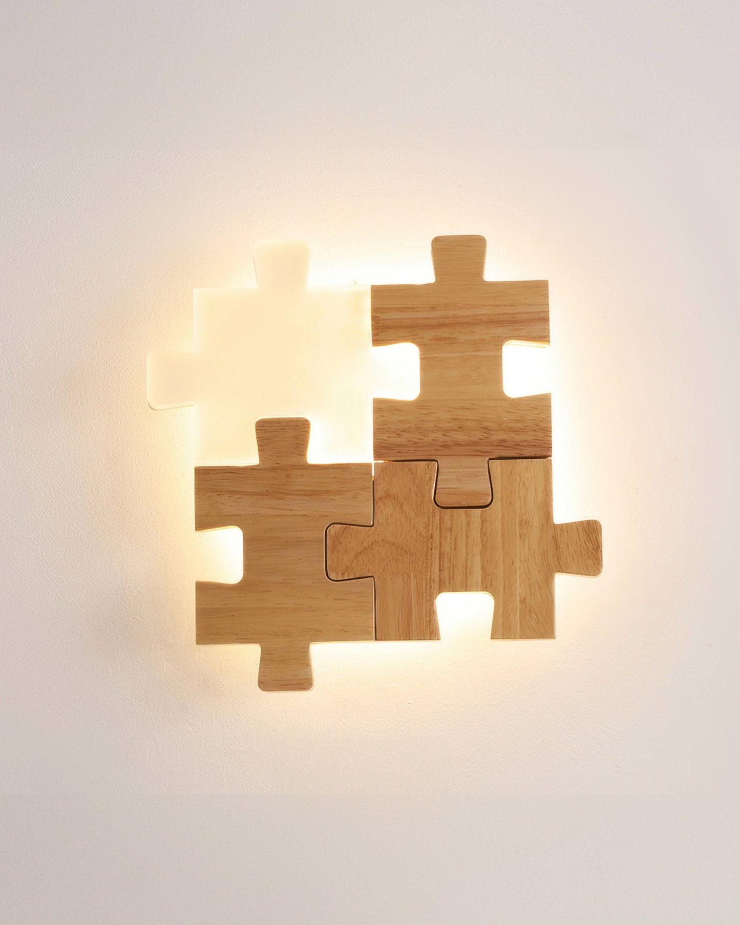 PuzzleGlow – Modern LED Wall Lamp with Wooden Playful Design