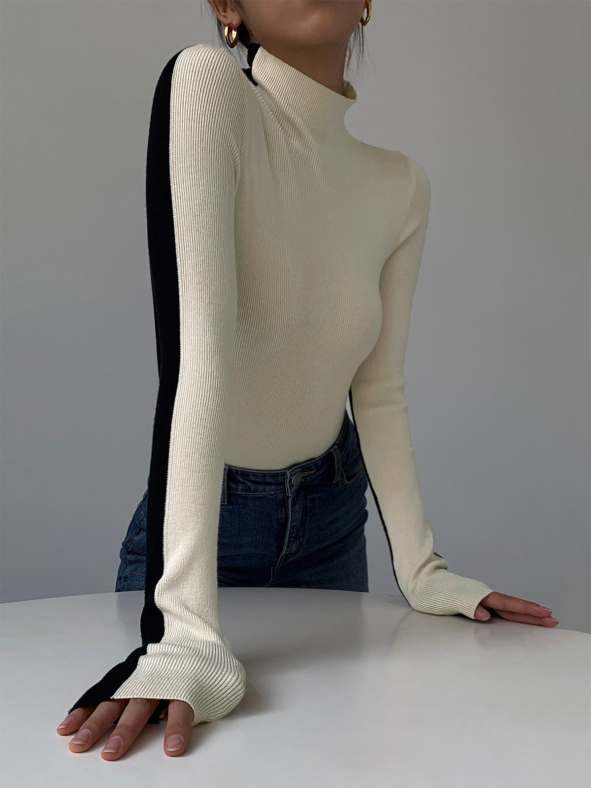 Leonie Women's Top - Versatile Two-Tone Knitted Long Sleeve for Every Occasion-5
