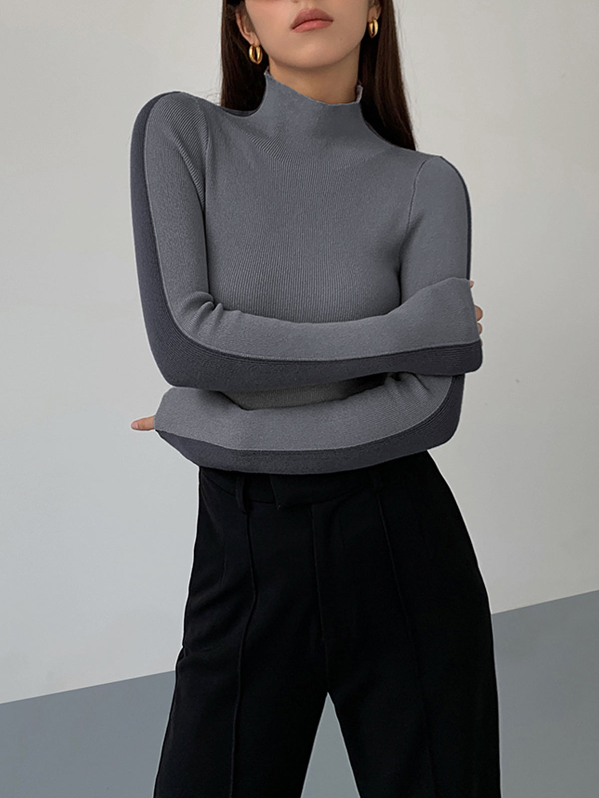 Variant image for Leonie Women's Top - Versatile Two-Tone Knitted Long Sleeve for Every Occasion-21