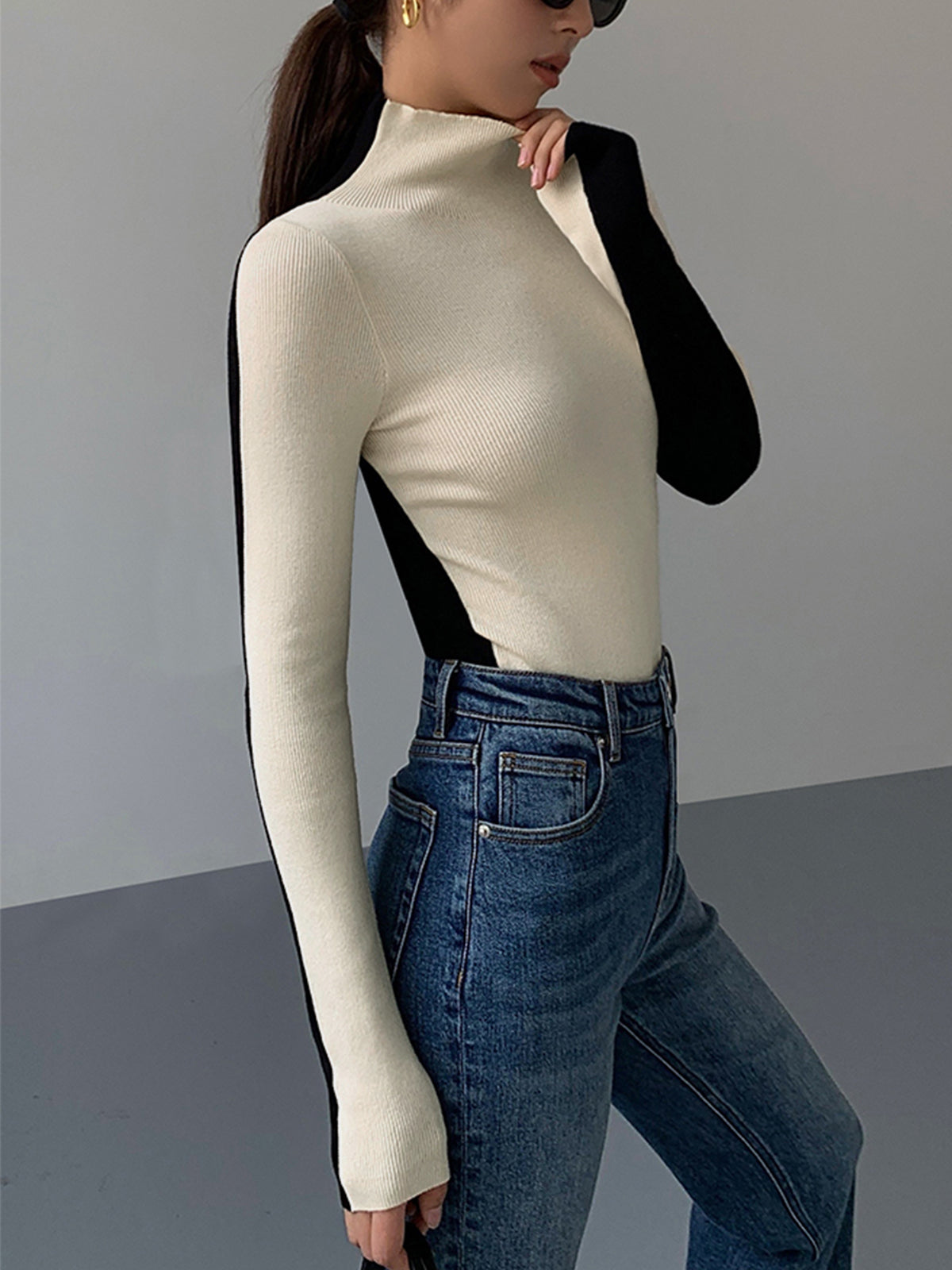 Leonie Women's Top - Versatile Two-Tone Knitted Long Sleeve for Every Occasion-2