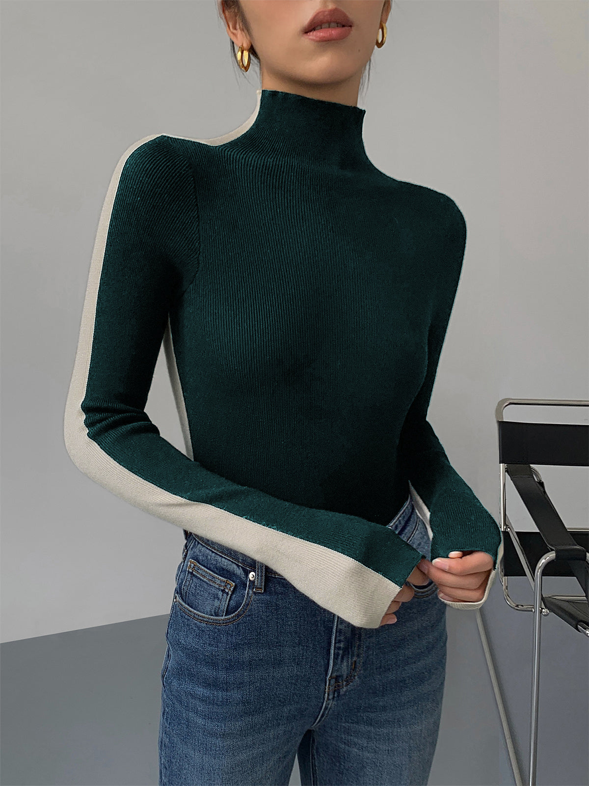 Variant image for Leonie Women's Top - Versatile Two-Tone Knitted Long Sleeve for Every Occasion-31