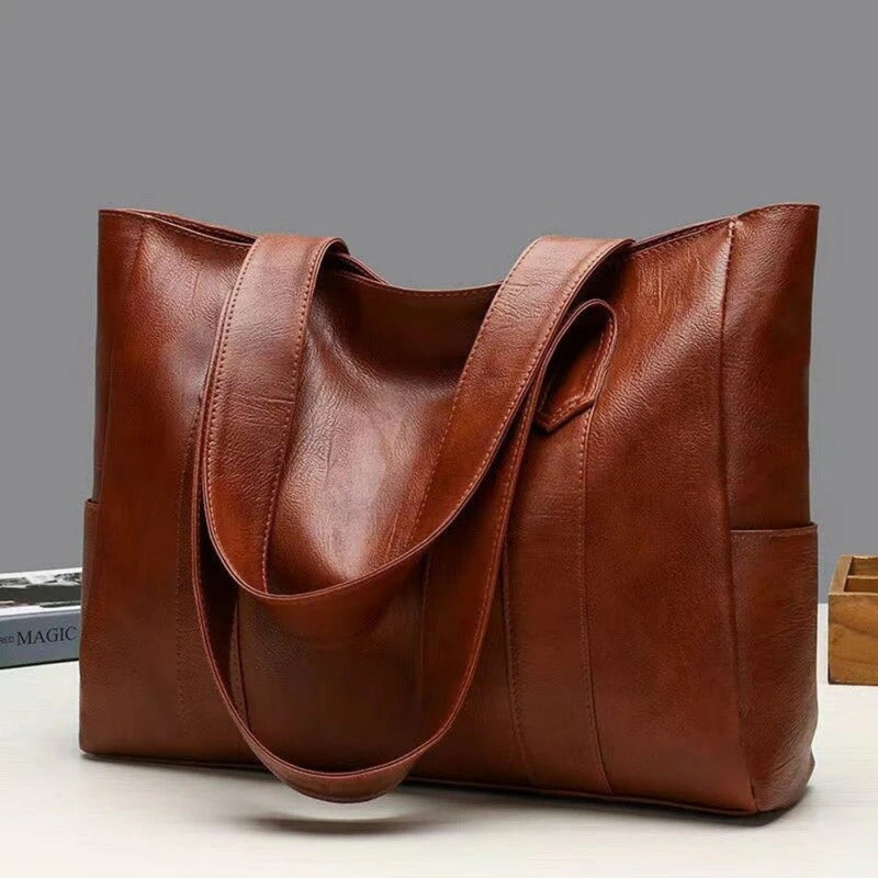 Spacious Leather Tote Bag with Side Pockets