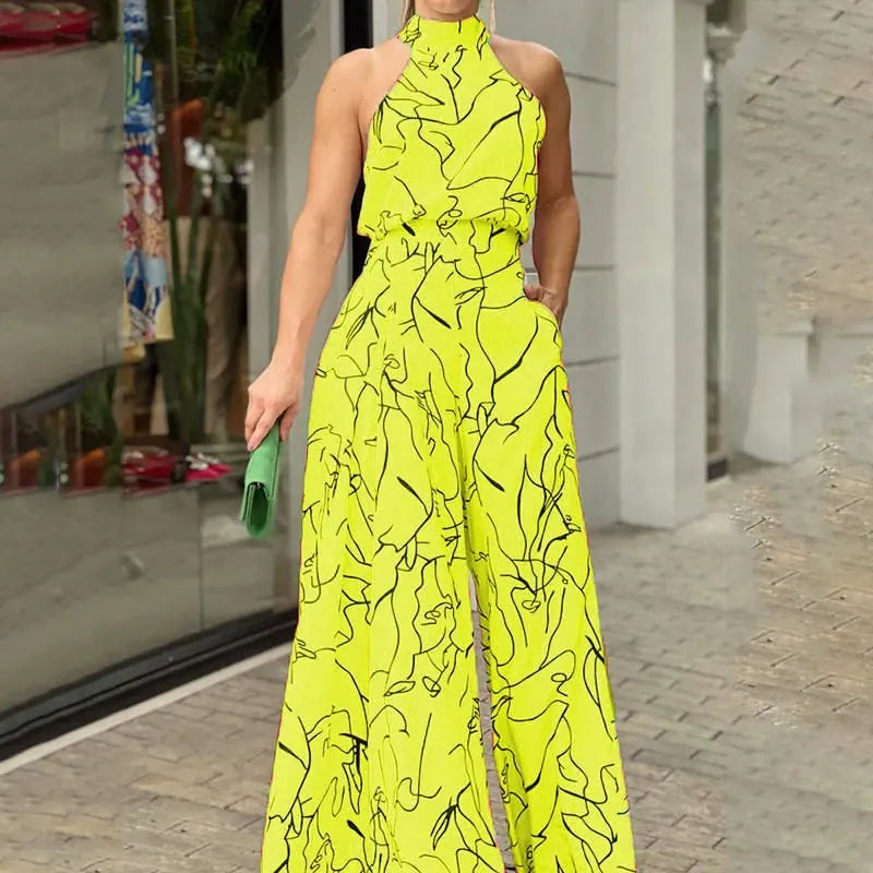 Black Jumpsuit for Women – Halter Neck Wide Leg Design with Abstract Print, Casual and Comfortable 0