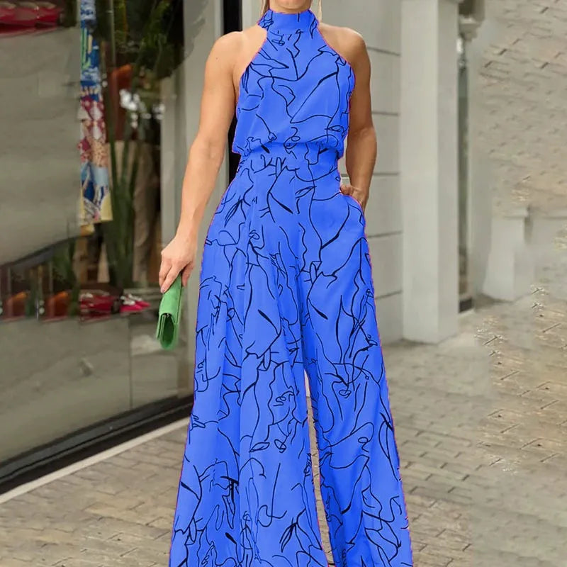 Black Jumpsuit for Women – Halter Neck Wide Leg Design with Abstract Print, Casual and Comfortable 1