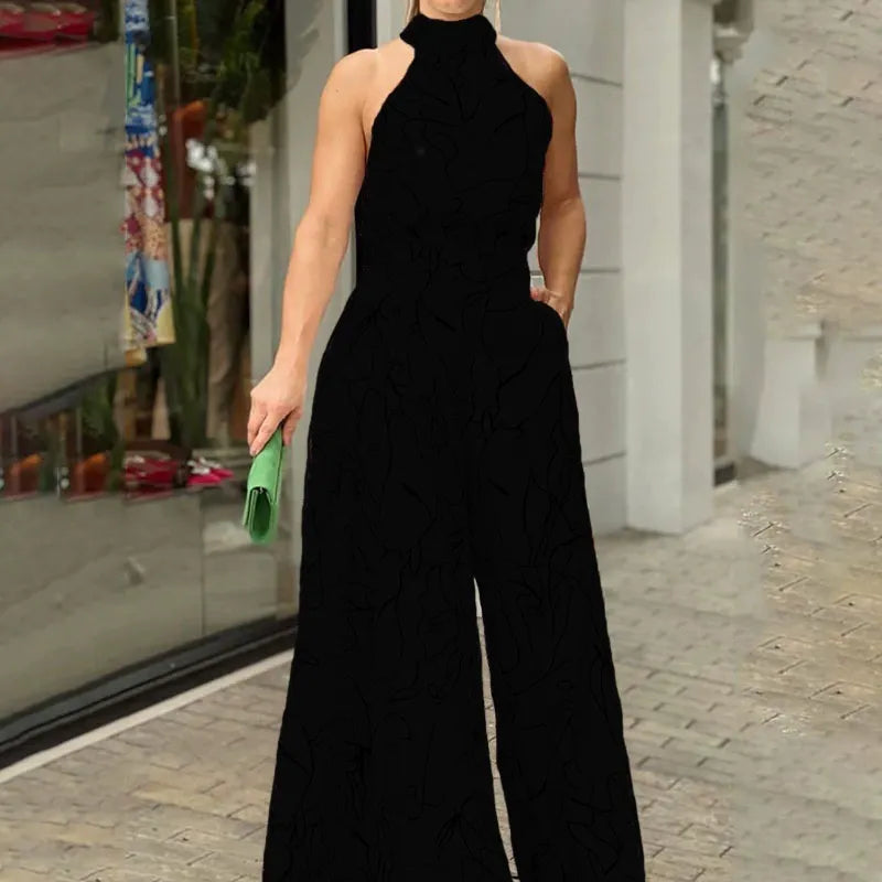 Black Jumpsuit for Women – Halter Neck Wide Leg Design with Abstract Print, Casual and Comfortable 2