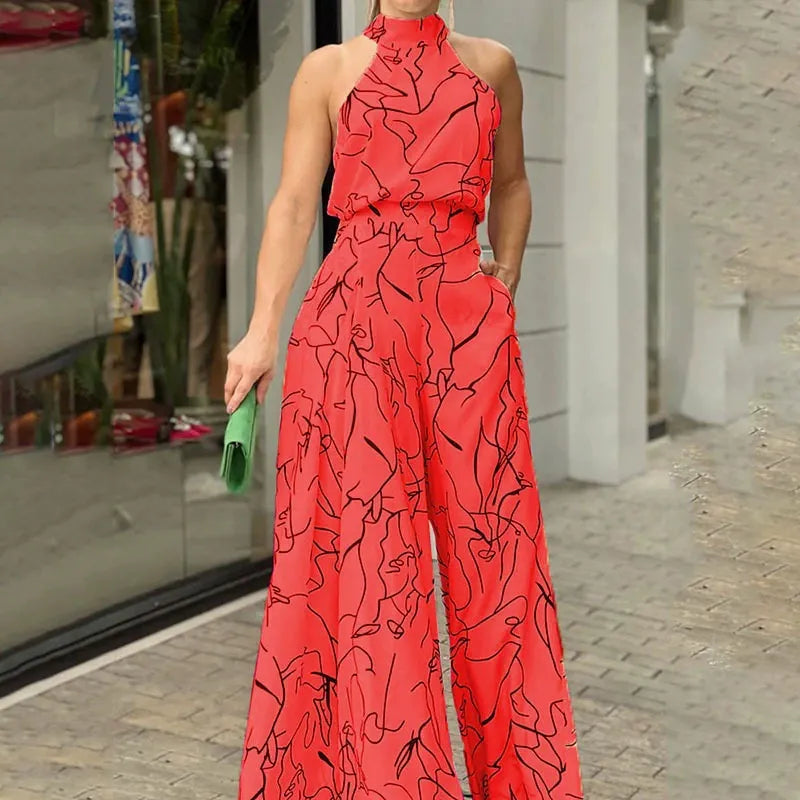 Black Jumpsuit for Women – Halter Neck Wide Leg Design with Abstract Print, Casual and Comfortable 3