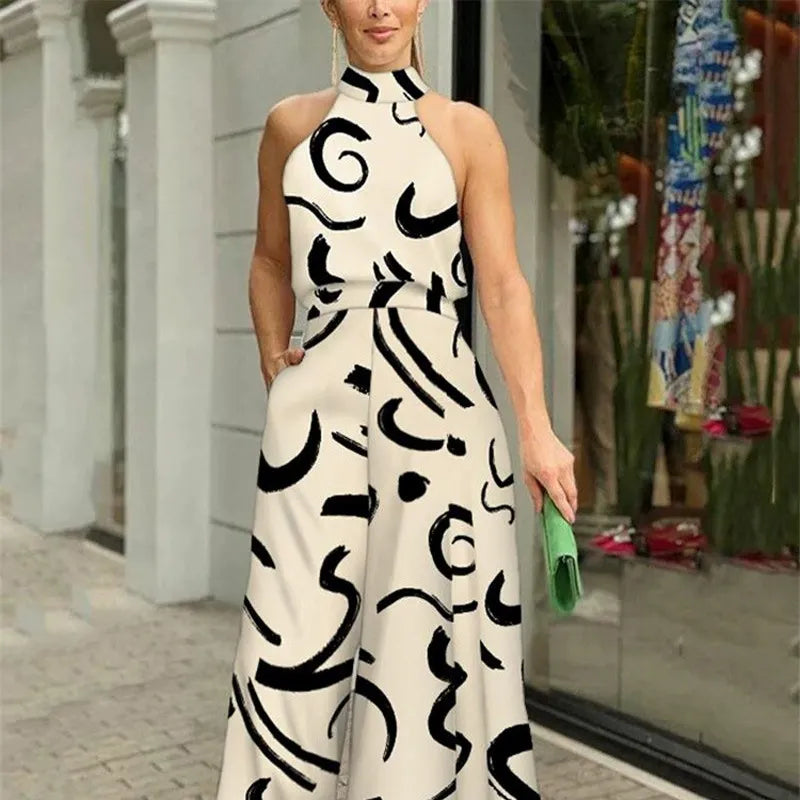 Black Jumpsuit for Women – Halter Neck Wide Leg Design with Abstract Print, Casual and Comfortable 4