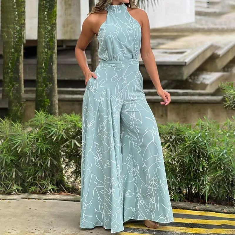 Black Jumpsuit for Women – Halter Neck Wide Leg Design with Abstract Print, Casual and Comfortable 5
