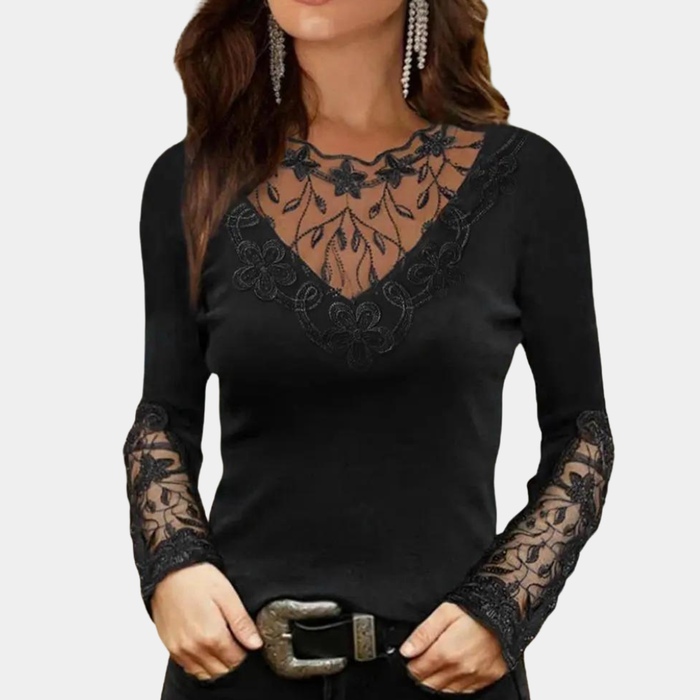 Variant image for Elegant Deep V Lace Women's Blouse - Long Sleeve Casual Top for Women-7