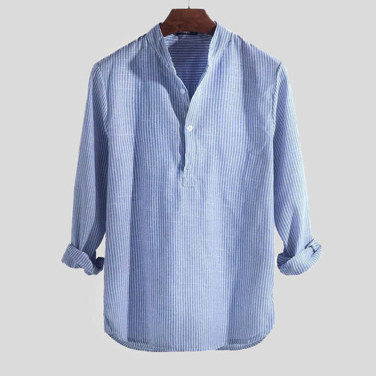 Variant image for Classic Cotton-Linen Blend Men's Henley Shirt with Striped Pattern-1