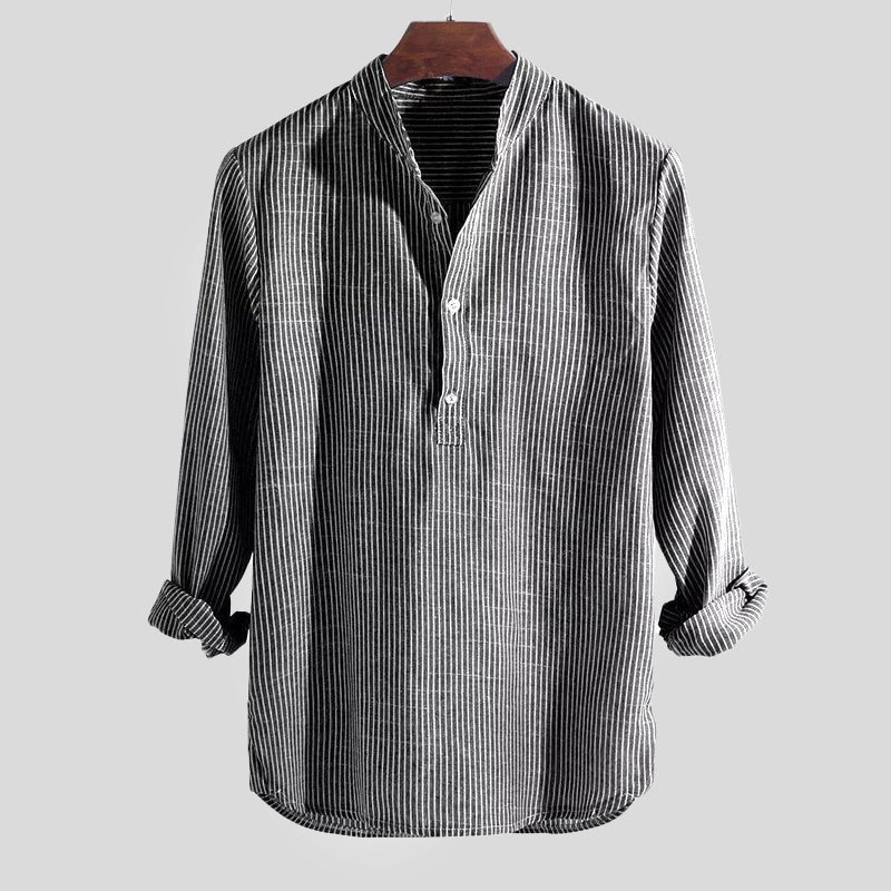 Variant image for Classic Cotton-Linen Blend Men's Henley Shirt with Striped Pattern-11