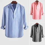Classic Cotton-Linen Blend Men's Henley Shirt with Striped Pattern-3