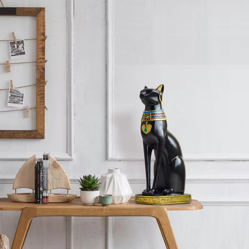Elegant Egyptian Cat Statue with Gold and Turquoise Accents - Premium Statuary-3