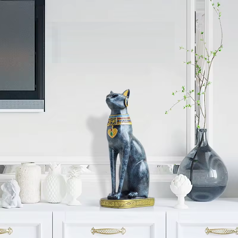 Elegant Egyptian Cat Statue with Gold and Turquoise Accents - Premium Statuary-4