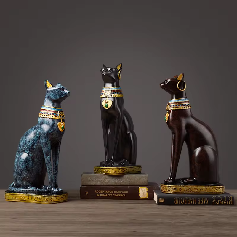 Elegant Egyptian Cat Statue with Gold and Turquoise Accents - Premium Statuary-2