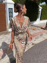Women's Midi Dress with V-Neck and Pleated Skirt