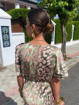Women's Midi Dress with V-Neck and Pleated Skirt