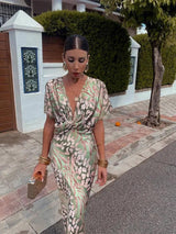 Women's Midi Dress with V-Neck and Pleated Skirt