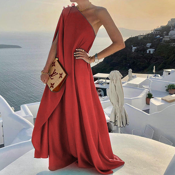 Elegant One-Shoulder Black Maxi Dress for Women – Flattering Draped Silhouette for Special Occasions 1
