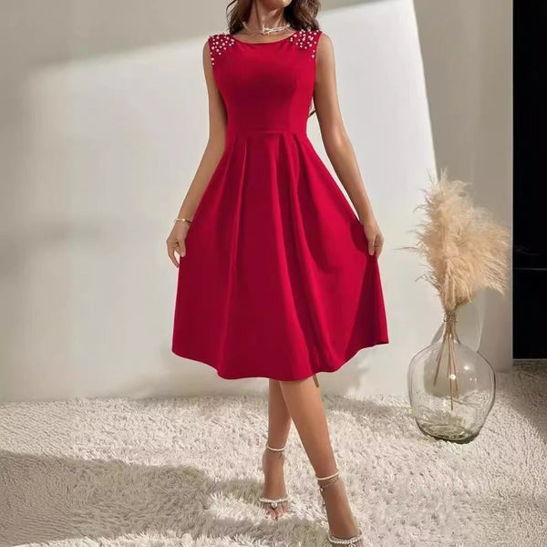 Elegant Women's A-Line Midi Dress with Beaded Shoulders - Flattering Cocktail Dress for Special Occasions 0