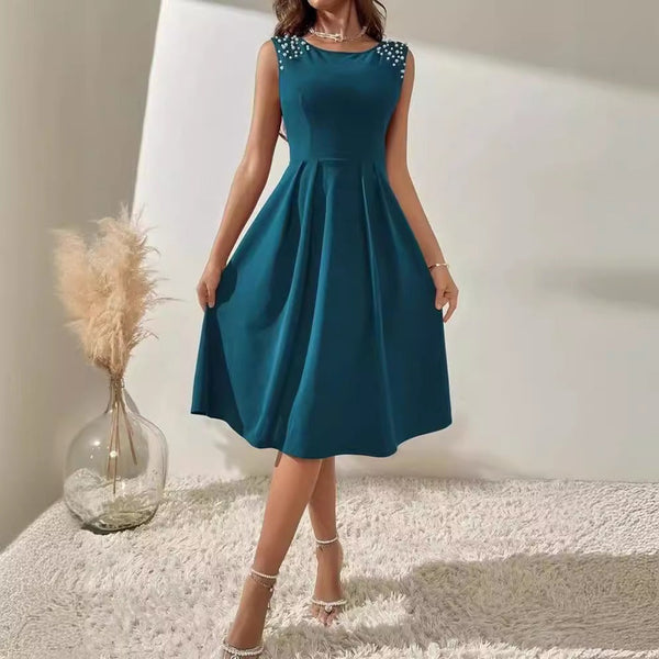 Elegant Women's A-Line Midi Dress with Beaded Shoulders - Flattering Cocktail Dress for Special Occasions 1