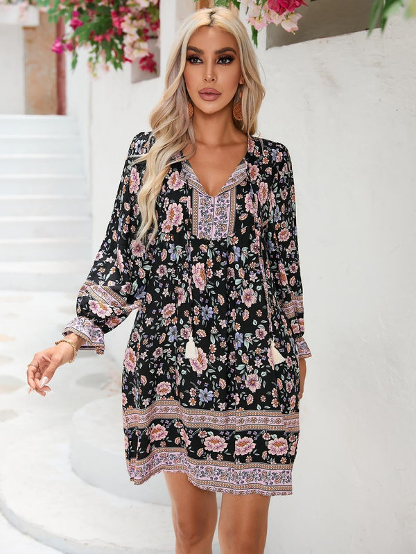 Floral Boho Women's Dress with V-Neck and Long Sleeves – A-Line Cotton Blend Summer Dress 0