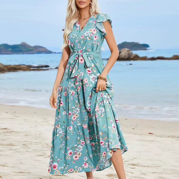 Floral Print V-Neck Maxi Dress for Women with Tie Waist and Ruffled Sleeves – Perfect Summer Dress for Casual Outings and Parties 0