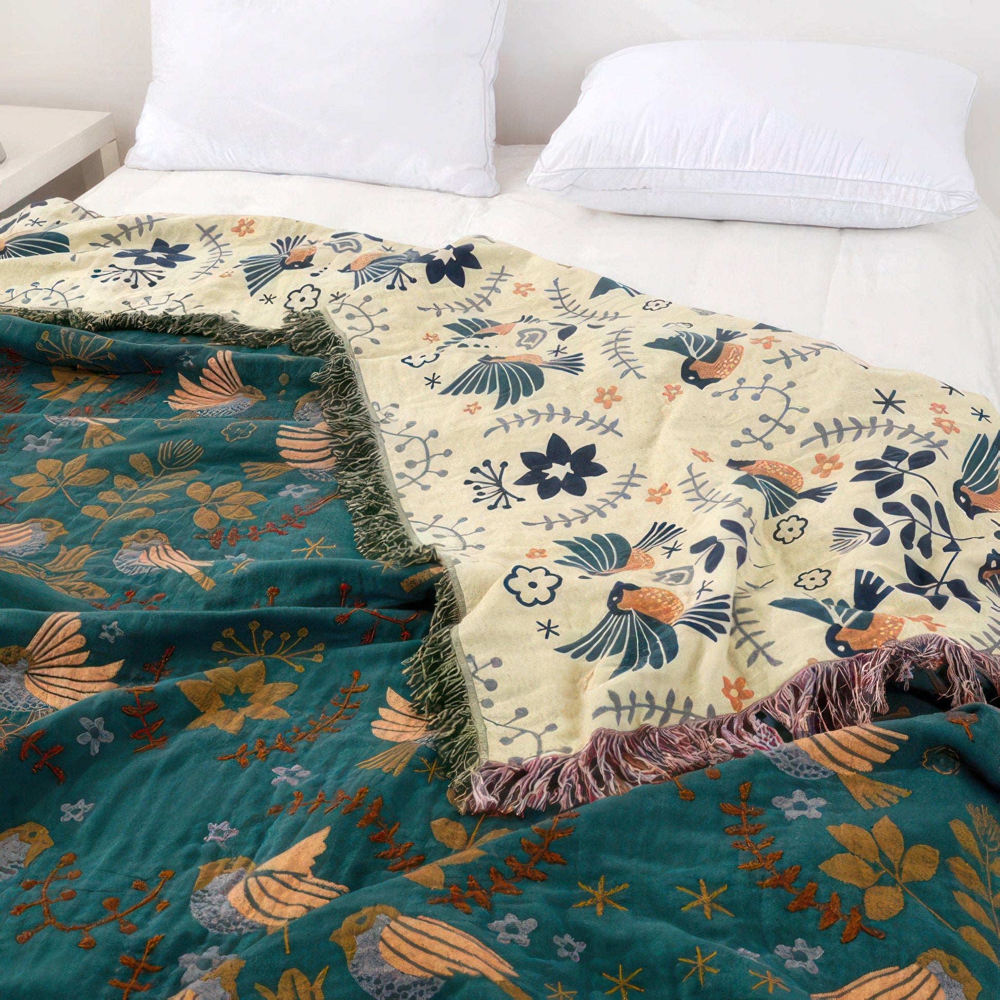 Scandinavian Birds Reversible Throw Blanket - 100% Cotton Softness & Style-2
