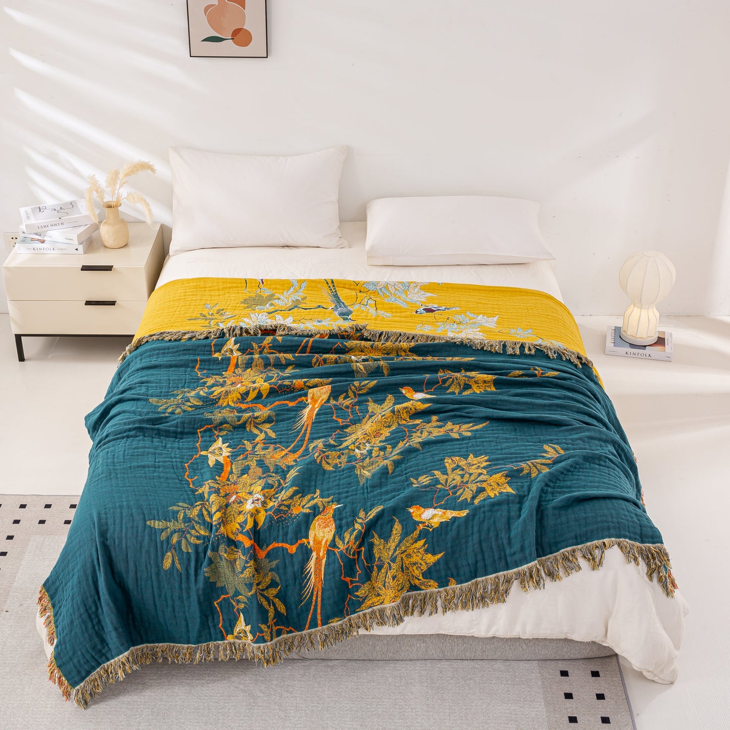 Cozy Cotton Reversible Blanket - 200x230 cm with Golden Birds Design-2