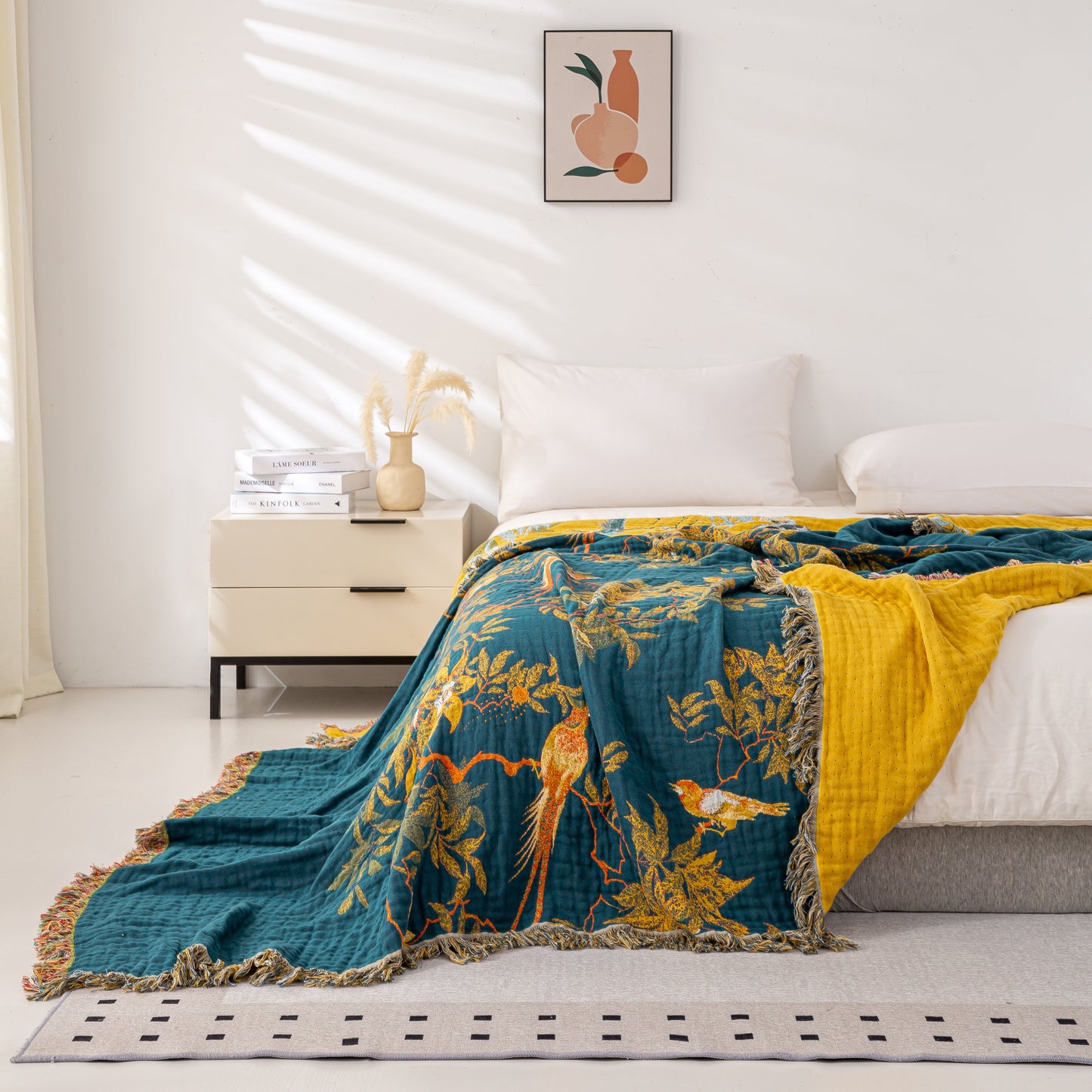 Cozy Cotton Reversible Blanket - 200x230 cm with Golden Birds Design-4