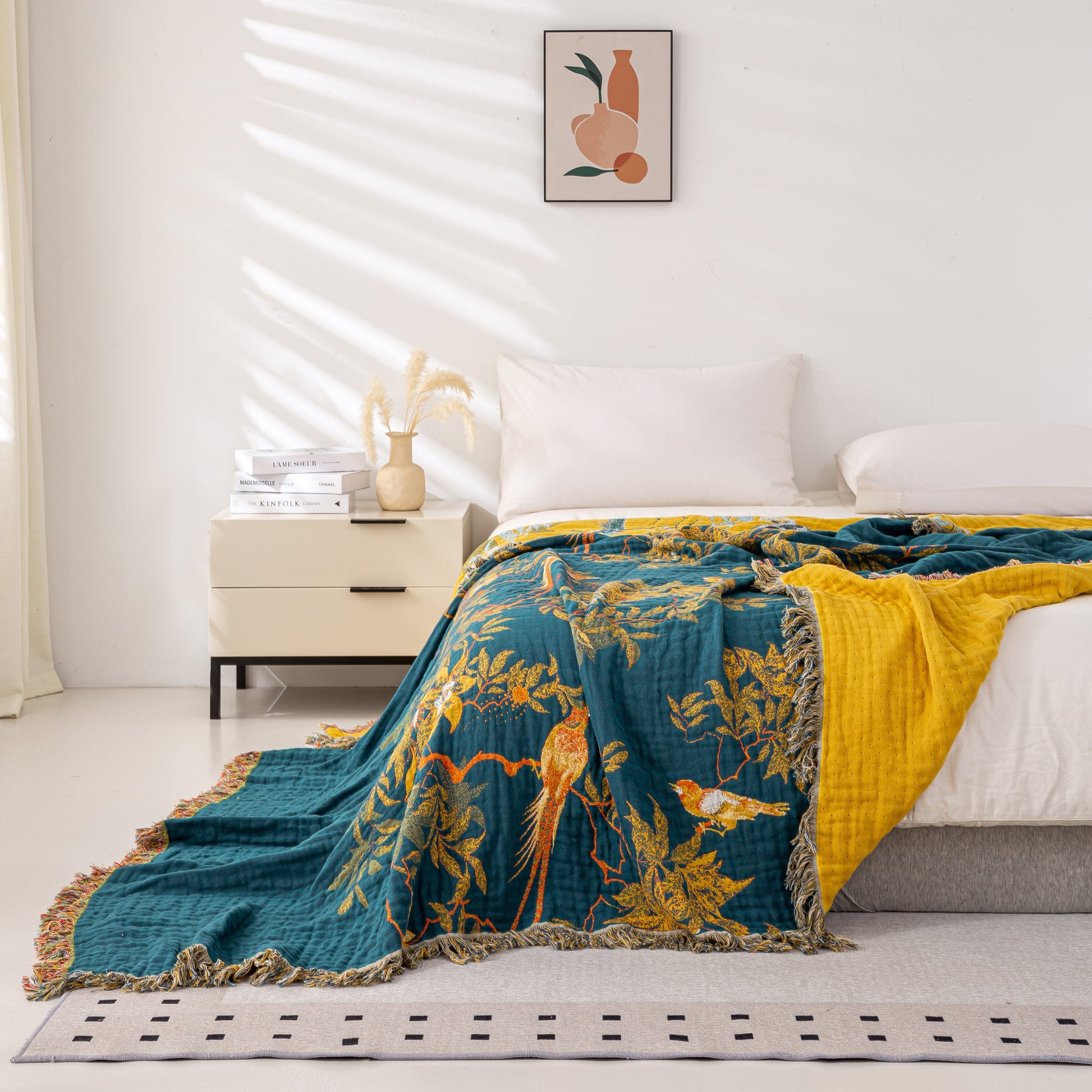 Cozy Cotton Reversible Blanket - 200x230 cm with Golden Birds Design-4