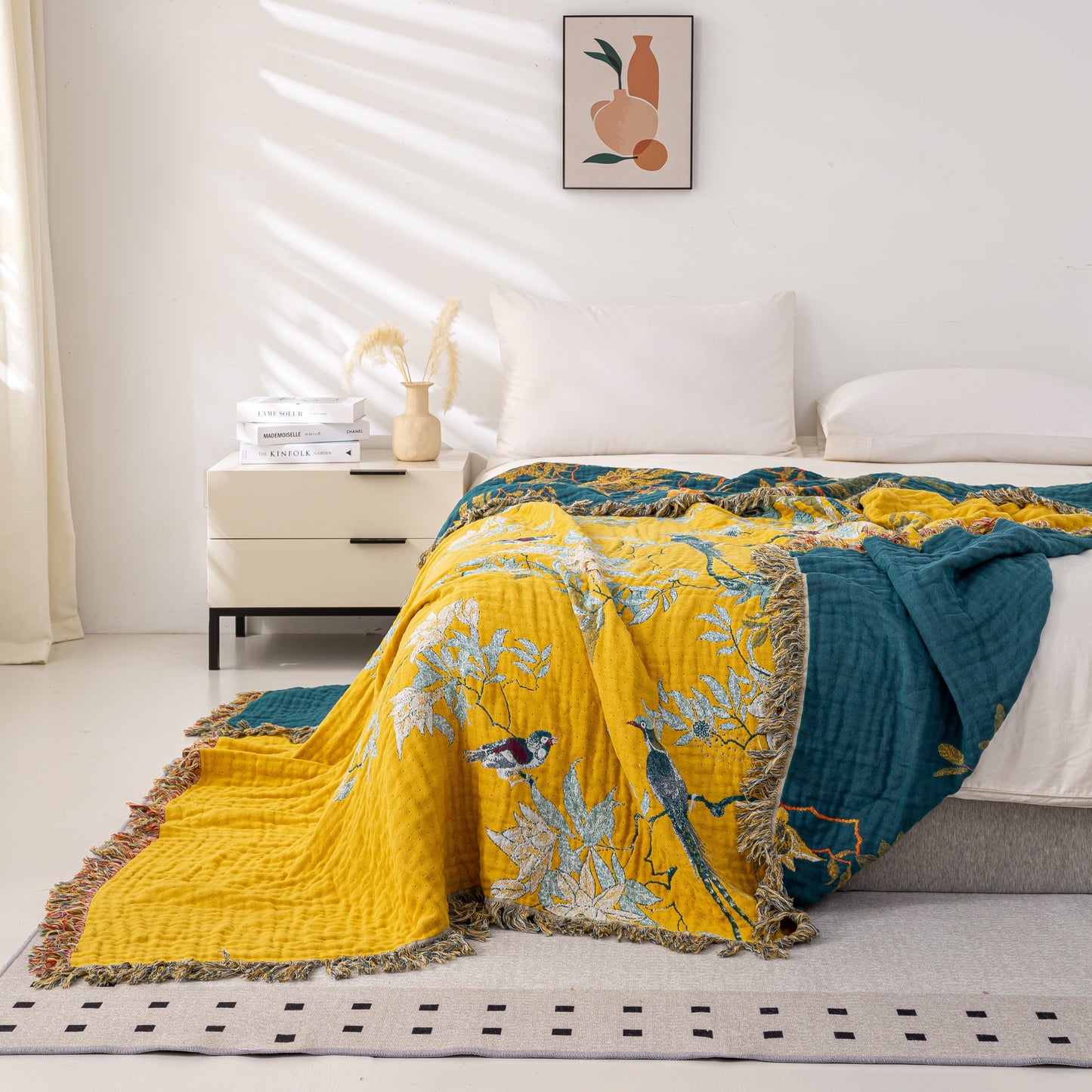 Cozy Cotton Reversible Blanket - 200x230 cm with Golden Birds Design-6