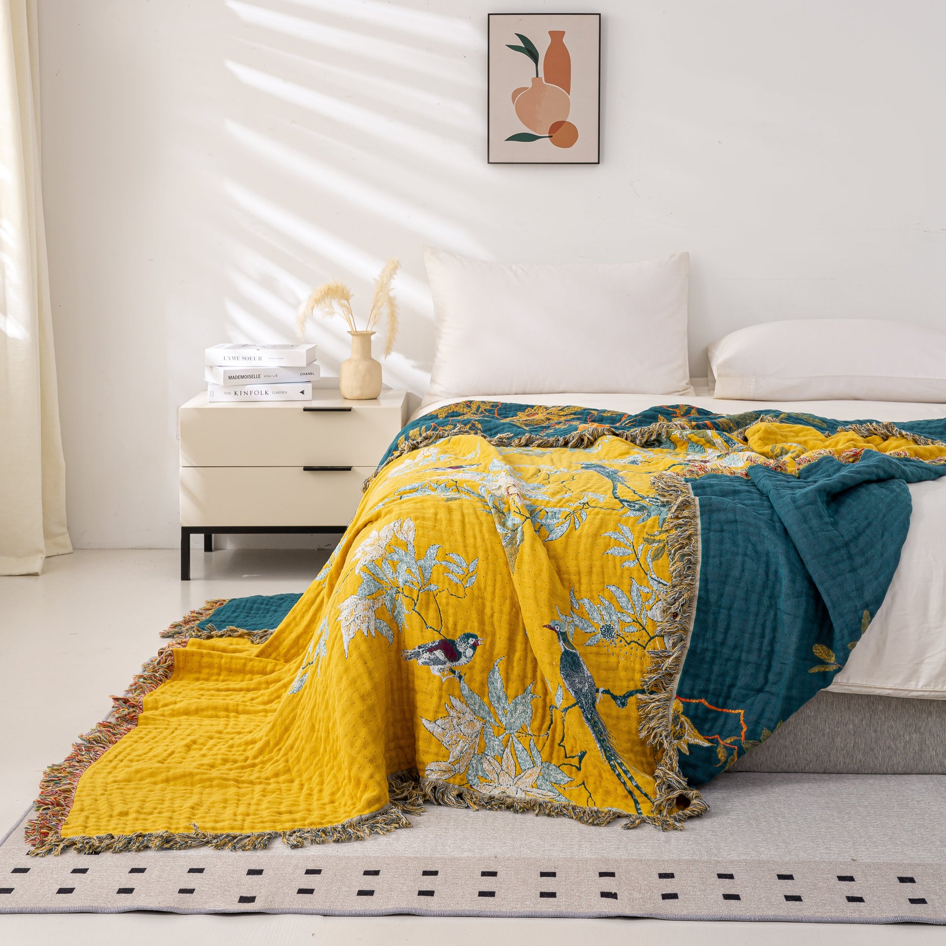 Cozy Cotton Reversible Blanket - 200x230 cm with Golden Birds Design-6