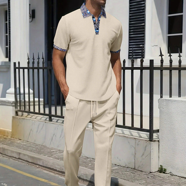 Men's Casual Set with Relaxed Fit Top and Tapered Drawstring Pants – Comfortable Polyester Weekend Wear 1