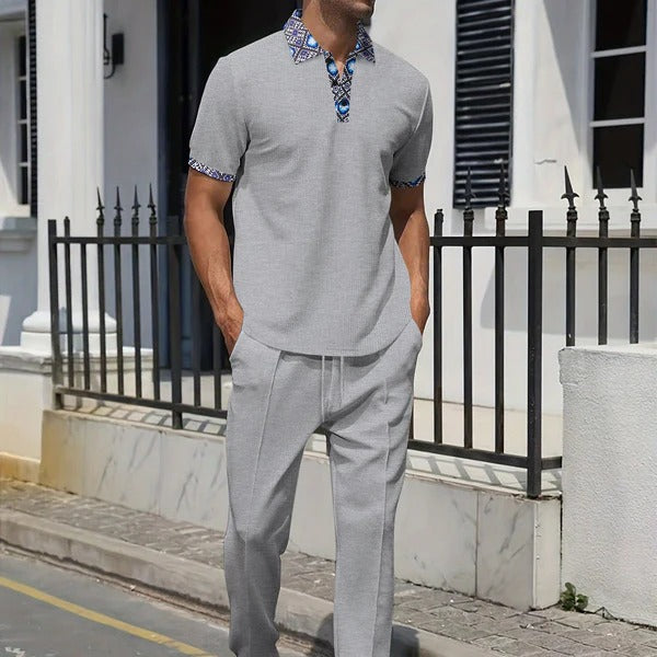 Men's Casual Set with Relaxed Fit Top and Tapered Drawstring Pants – Comfortable Polyester Weekend Wear 2
