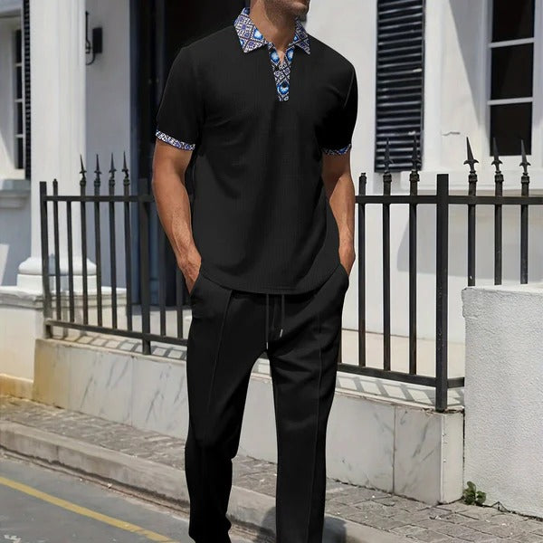Men's Casual Set with Relaxed Fit Top and Tapered Drawstring Pants – Comfortable Polyester Weekend Wear 3